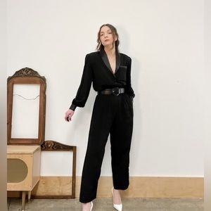 #17 Vintage Black Tuxedo Style Jumpsuit w/Satin Lapel + Buttons